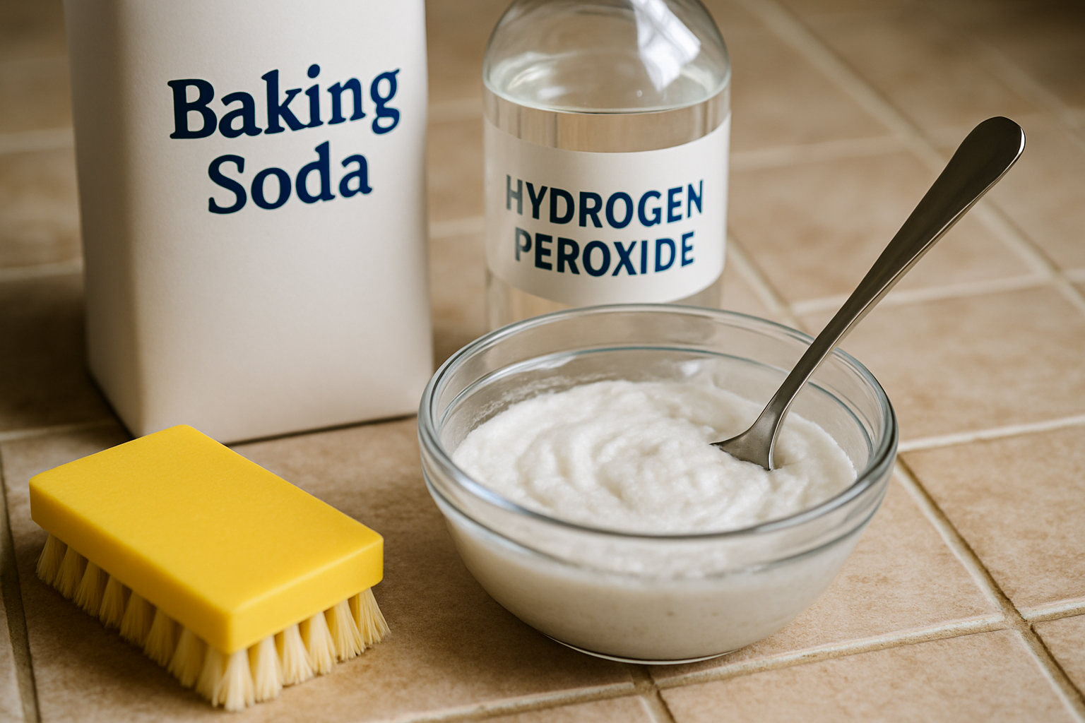 Alternatywny tekst (ALT): Miska z białą pastą, obok butelka z wodą utlenioną i opakowanie sody oczyszczonej, a także żółta szczotka do czyszczenia.